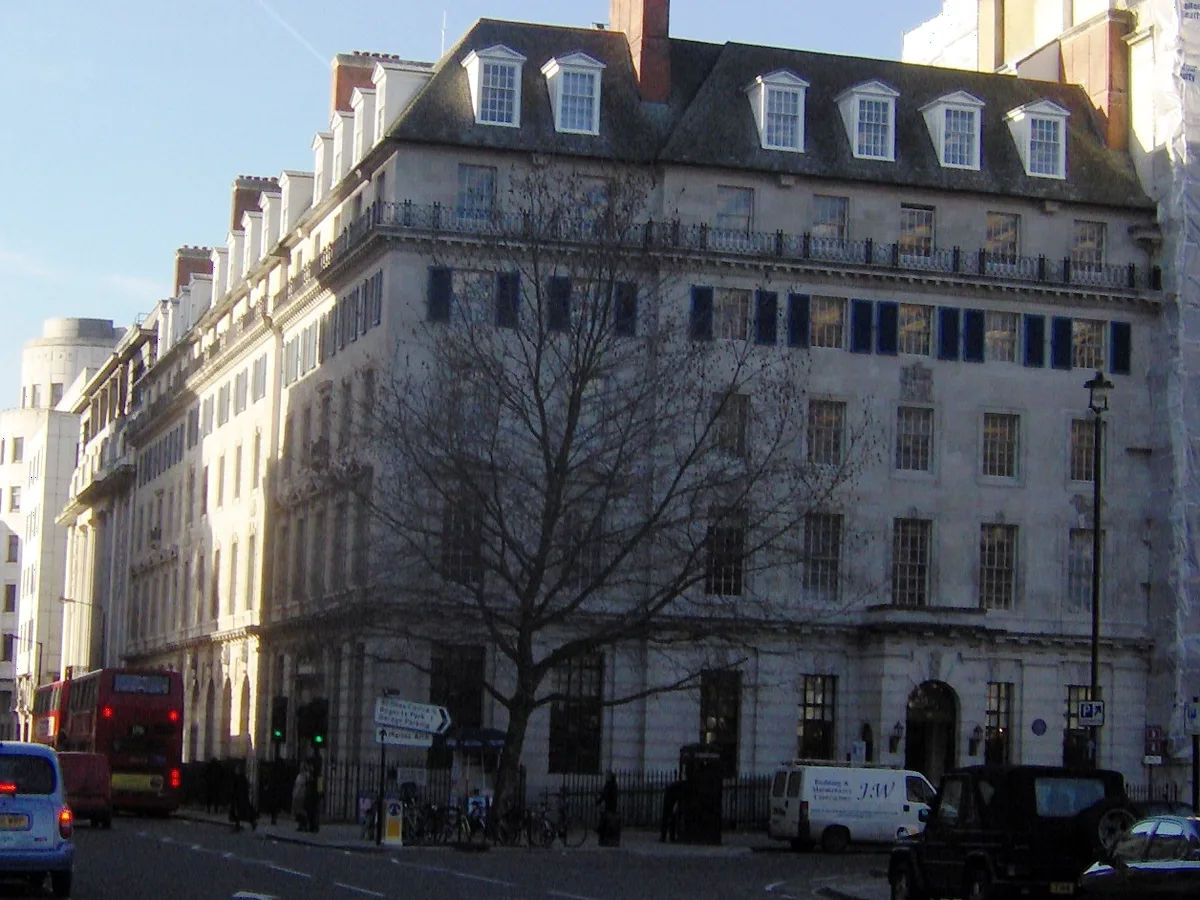 The stone facade of 20 Cavendish Square on the corner of the square